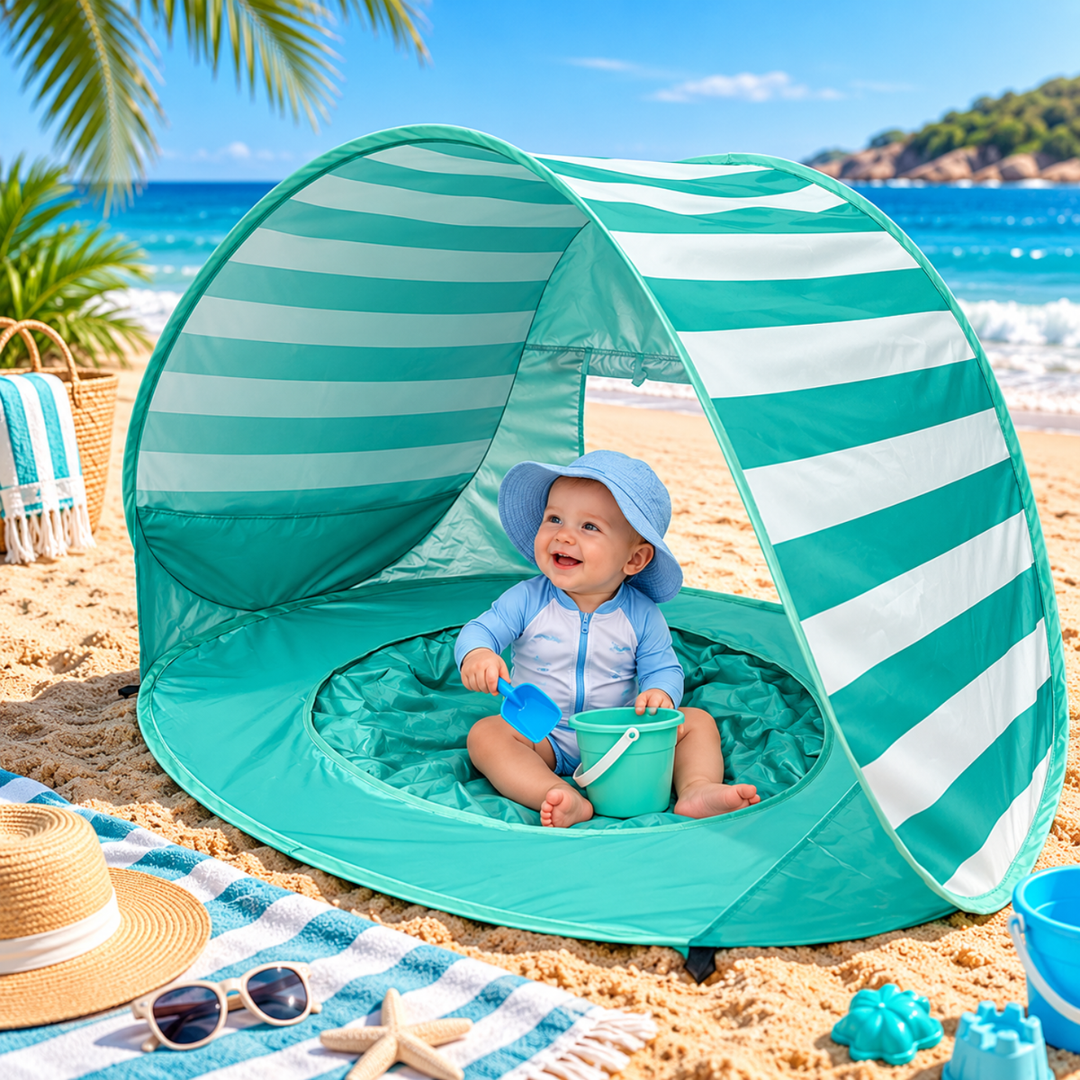 Little Teekie 3-in-1 Baby Beach Tent with Splash Pool | UPF 50+ Pop-Up Sun Shade - Aqua