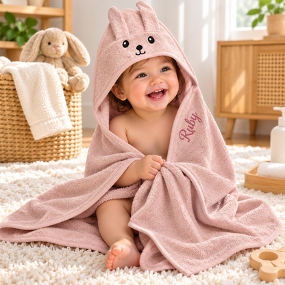 Little Teekie Personalised Hooded Baby Towel | 100% Organic Cotton with Embroidered Name – Dusky Pink