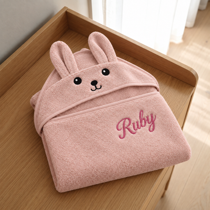 Little Teekie Personalised Hooded Baby Towel | 100% Organic Cotton with Embroidered Name – Dusky Pink