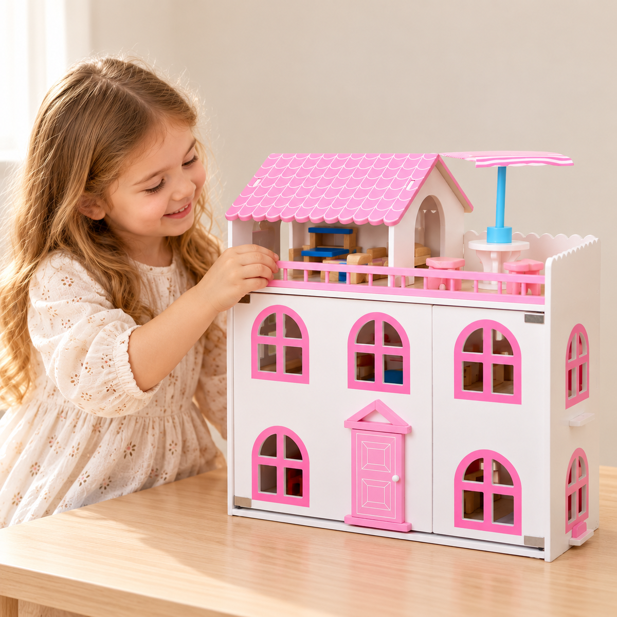 Little Teekie Wooden Dollhouse | 5 Rooms and Furniture – White with Pink Roof