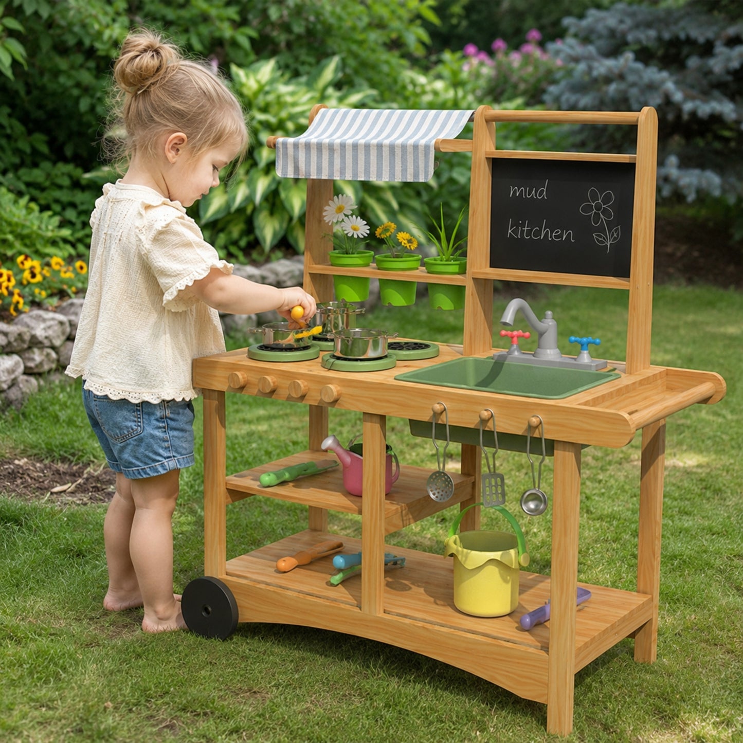 Little Teekie Wooden Mud Kitchen Play Set with Canopy