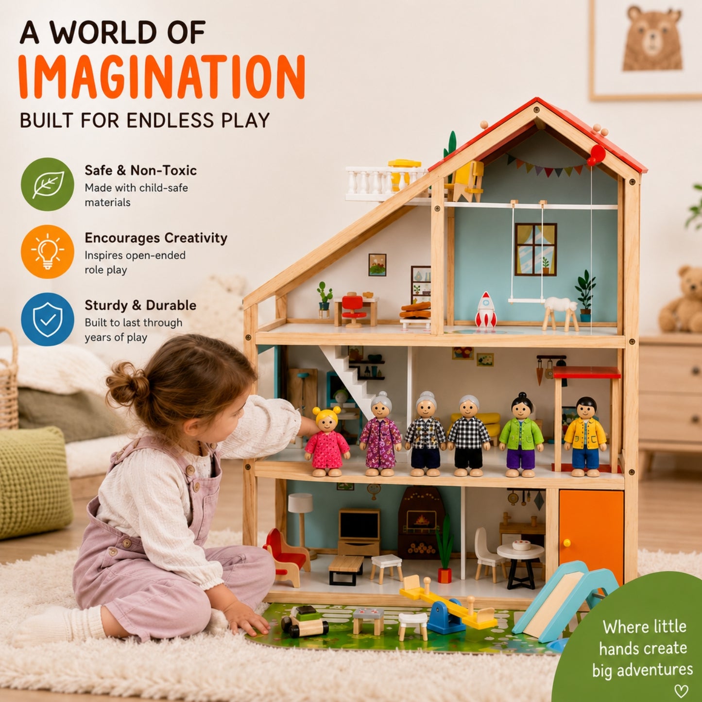 Little Teekies Wooden Dollhouse Playset with Dolls & Furniture