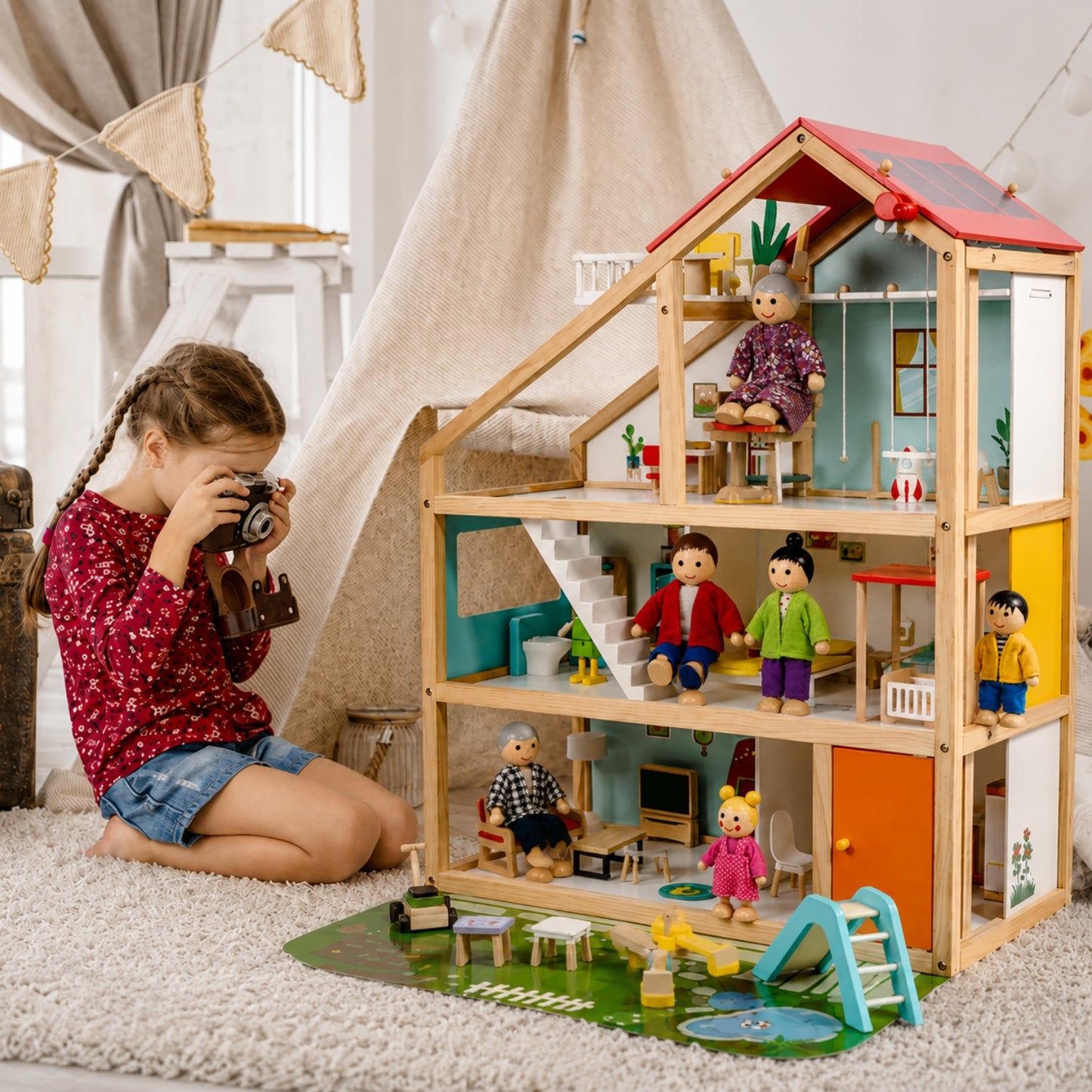 Little Teekies Wooden Dollhouse Playset with Dolls & Furniture