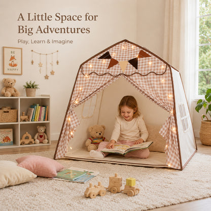 Little Teekie Kids Bed Canopy Play Tent Beige Gingham