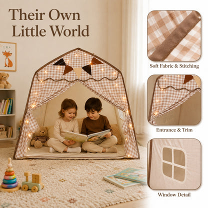 Little Teekie Kids Bed Canopy Play Tent Beige Gingham