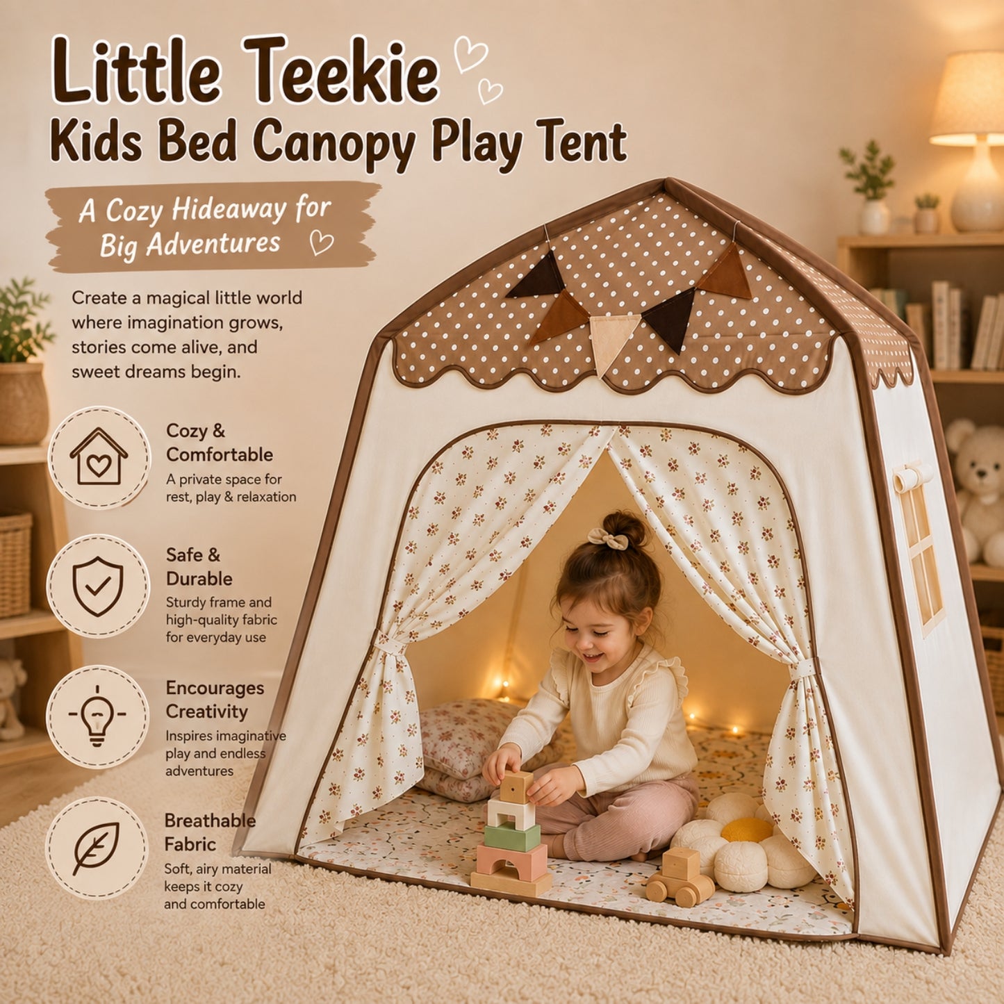 Little Teekie Kids Bed Canopy Play Tent Brown Polka Dot