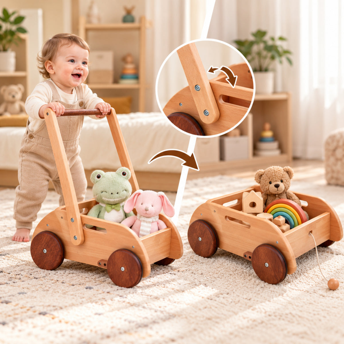 Little Teekie Wooden Baby Walker | Anti-Tip Push Walker for First Steps – Solid Wood