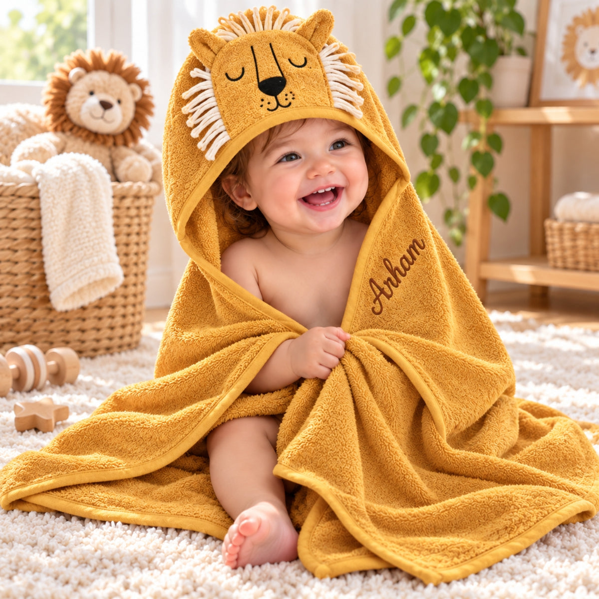 Little Teekie Personalised Hooded Baby Towel | 100% Organic Cotton with Embroidered Name – Mustard Yellow