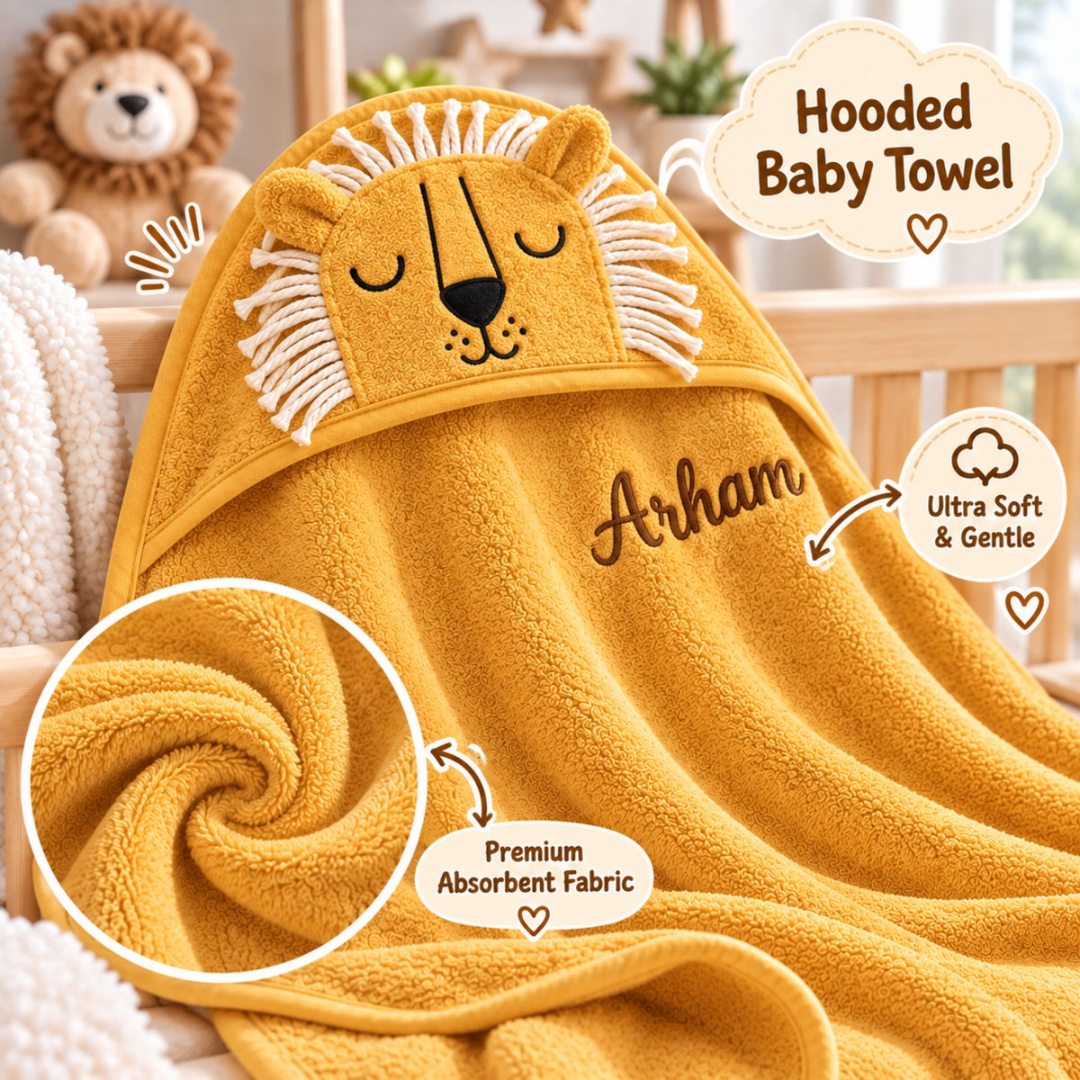 Little Teekie Personalised Hooded Baby Towel | 100% Organic Cotton with Embroidered Name – Mustard Yellow
