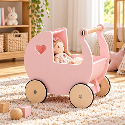 Little Teekie Wooden Doll Pram Walker | 2-in-1 Birch Push Walker and Dolls Pram – Rose