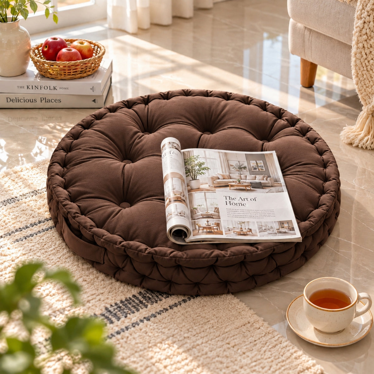 Little Teekie Kids Floor Cushion 60cm | Plush Fabric Reading Nook Cushion – Brown