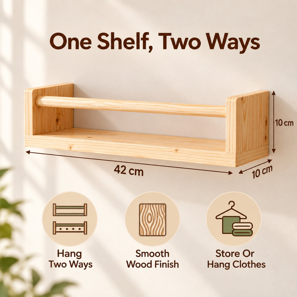 Little Teekie Wooden Wall Shelf | 2-Way Kids Room Shelf & Clothes Hanging Rail – Natural