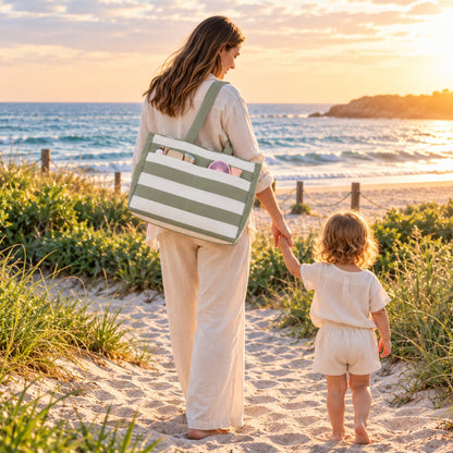Little Teekie Beach Bag | Recycled Tote, Pairs with Picnic Rugs – Sage Green Stripe