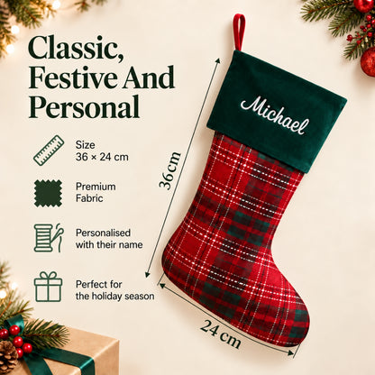 Little Teekie Personalised Checkered Christmas Stocking | Velvet Cuff & Name Embroidery, 36x24cm