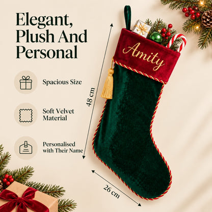 Little Teekie Personalised Velvet Christmas Stocking | Velvet Cuff & Name Embroidery – Green
