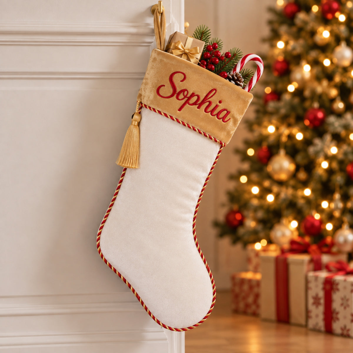 Little Teekie Personalised Velvet Christmas Stocking | Velvet Cuff & Name Embroidery – White