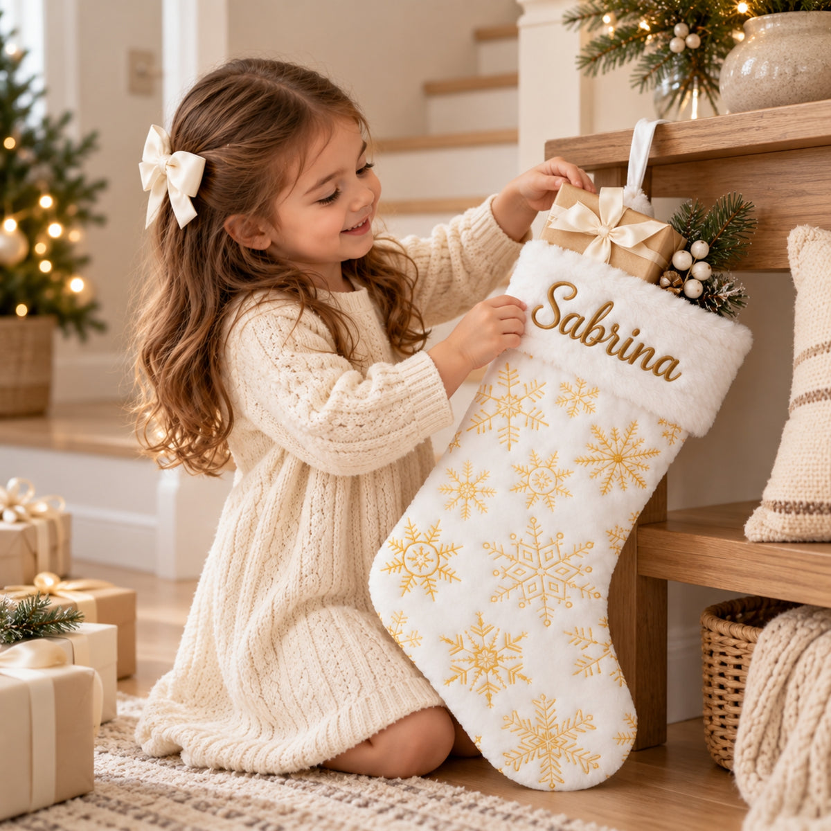 Little Teekie Personalised Christmas Stocking | Snowflake Embroidery with Faux Fur Cuff - Gold