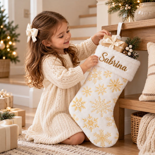 Little Teekie Personalised Christmas Stocking | Snowflake Embroidery with Faux Fur Cuff - Gold