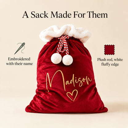 Little Teekie Personalised Santa Sack | Embroidered Name, Red Plush with White Fluffy Trim