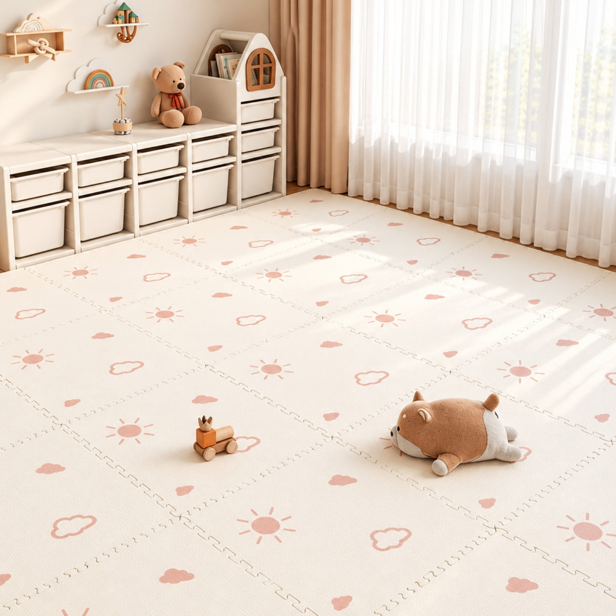 Little Teekie IXPE Foam Play Mat | 120 x 120 cm, 6 Interlocking Pieces – Sun & Cloud Print - Beige