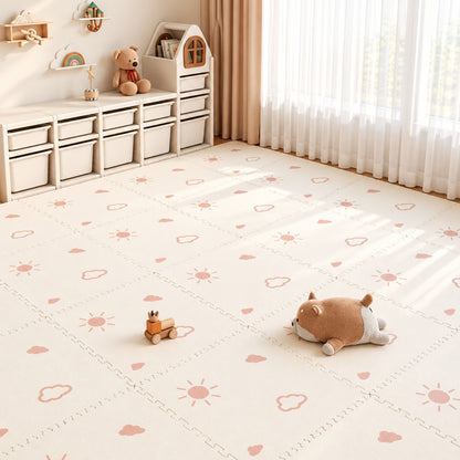 Little Teekie IXPE Foam Play Mat | 120 x 120 cm, 6 Interlocking Pieces – Sun & Cloud Print - Beige