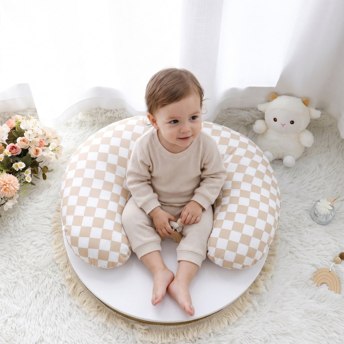 Little Teekie Cotton Nursing Pillow | U-Shape with Removable Cover – Oat Gingham