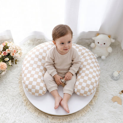 Little Teekie Cotton Nursing Pillow | U-Shape with Removable Cover – Oat Gingham