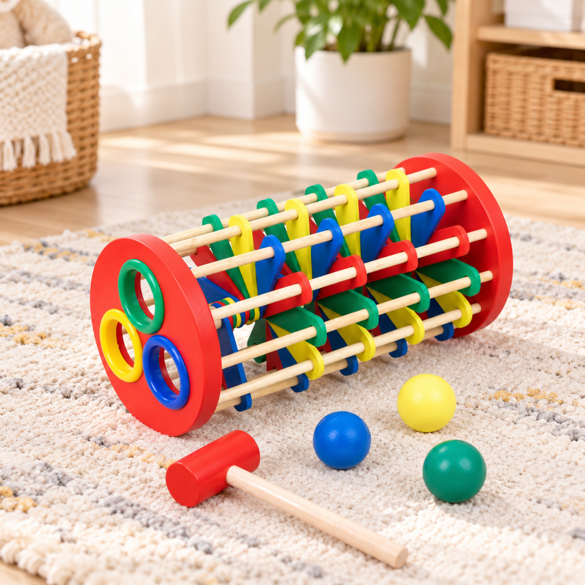 Little Teekie Wooden Tap and Roll Ball Tower | Rainbow Hammer and Ball Run Toy – Rainbow