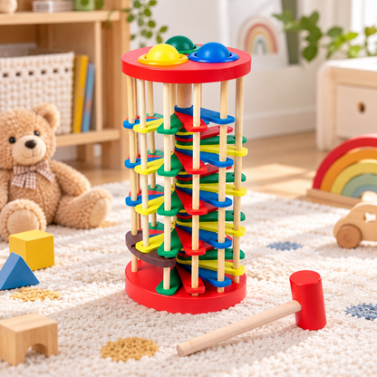 Little Teekie Wooden Tap and Roll Ball Tower | Rainbow Hammer and Ball Run Toy – Rainbow
