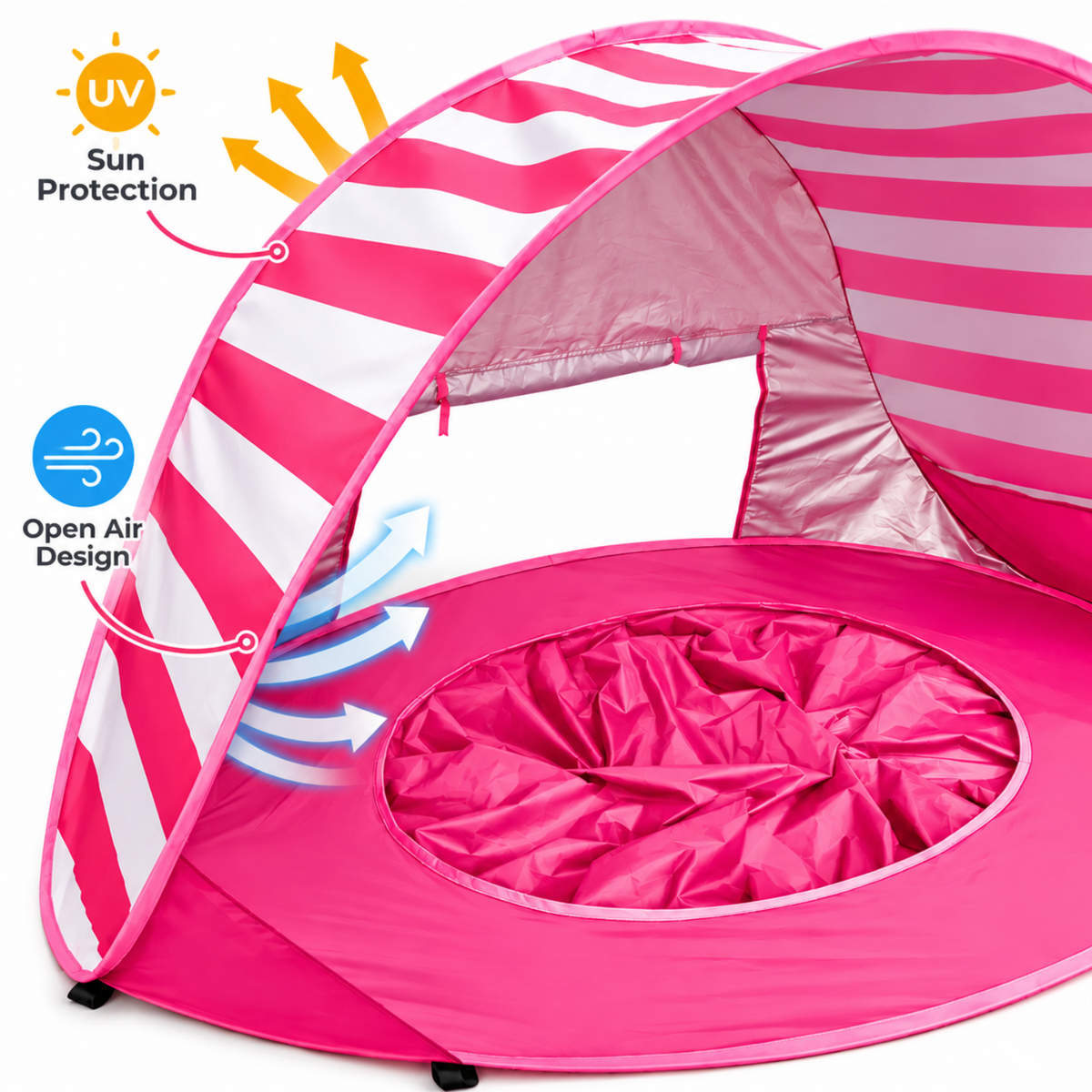 Little Teekie 3-in-1 Baby Beach Tent with Splash Pool | UPF 50+ Pop-Up Sun Shade - Striped Pink