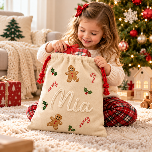 Little Teekie Personalised Canvas Santa Sack | Gingerbread & Candy Cane Print, Rope Embroidery – Cream