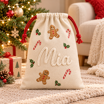 Little Teekie Personalised Canvas Santa Sack | Gingerbread & Candy Cane Print, Rope Embroidery – Cream