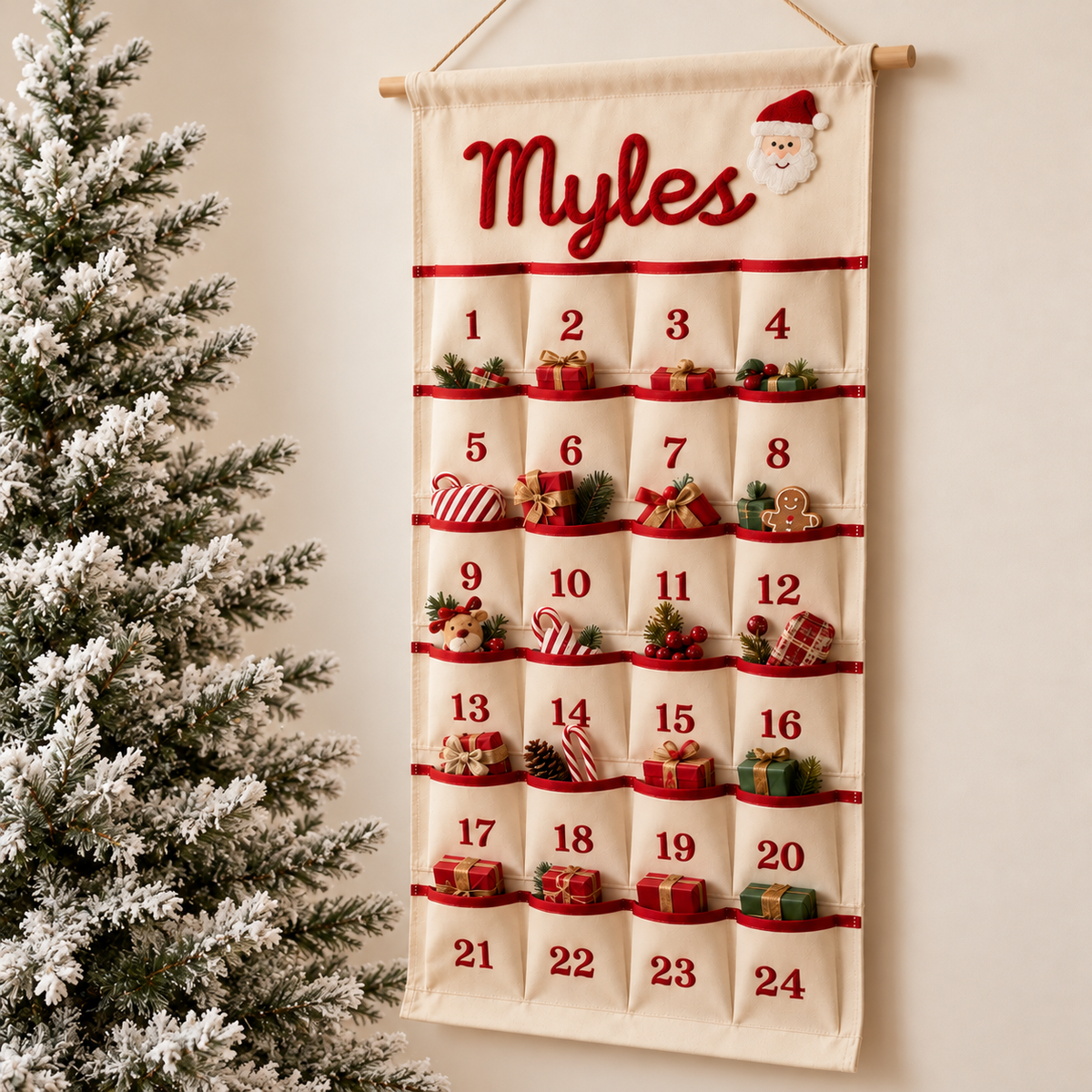Little Teekie Personalised Canvas Advent Calendar | Rope Embroidered Name, 100cmx45cm - Red
