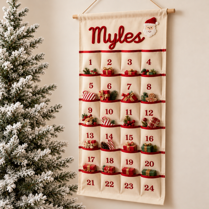Little Teekie Personalised Canvas Advent Calendar | Rope Embroidered Name, 100cmx45cm - Red
