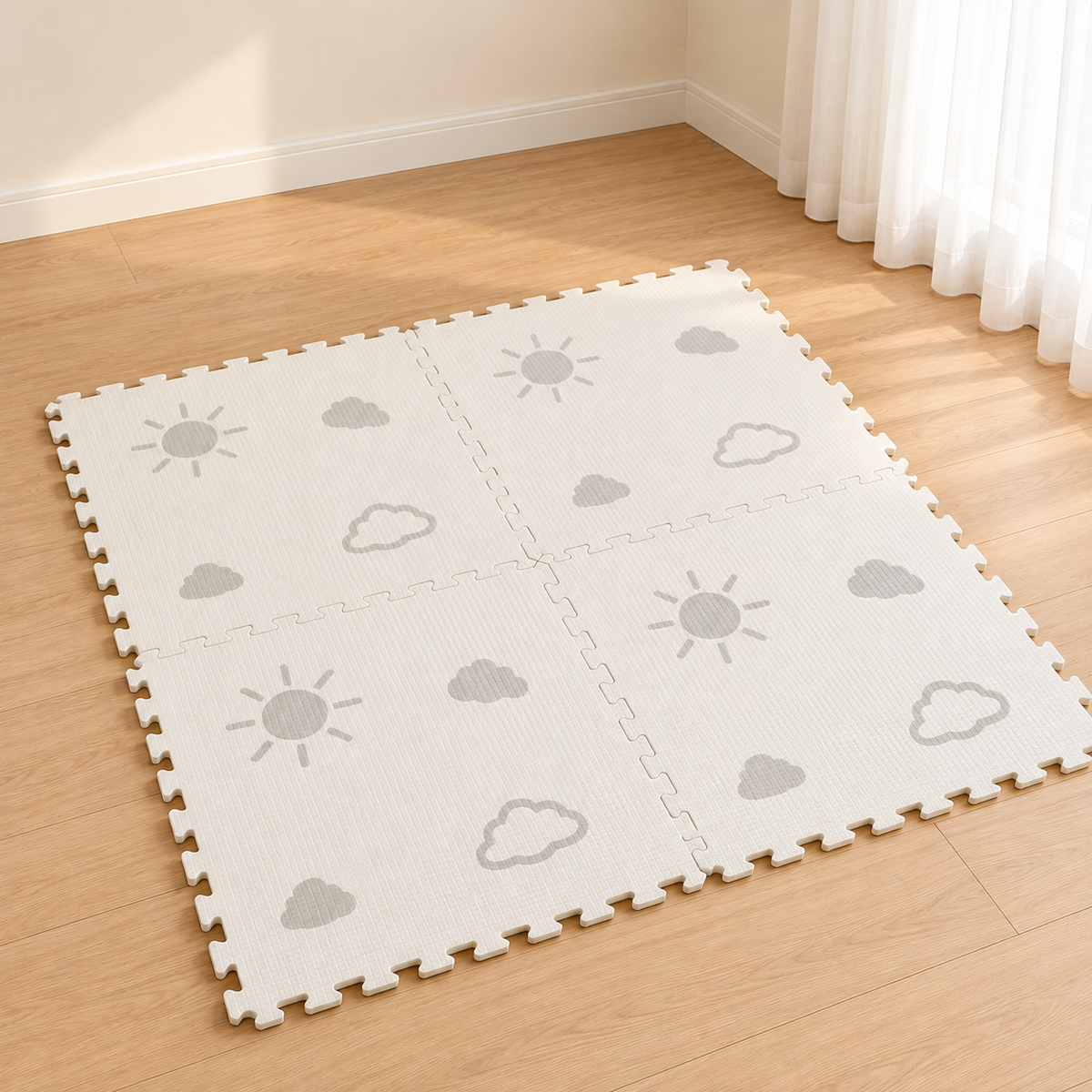Little Teekie IXPE Foam Play Mat | 120 x 120 cm, 6 Interlocking Pieces – Sun & Cloud Print - White