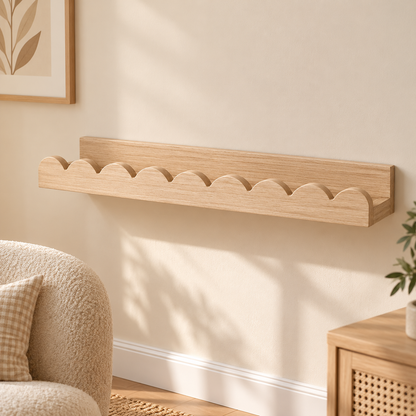 Little Teekie Scalloped Floating Wall Shelf | 58x 11 x 4 cm Plywood – Natural Wood