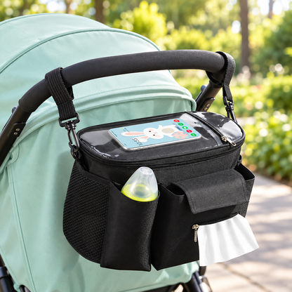 Little Teekie Compact Pram Caddy | Oxford Fabric 30cm with Pram Clips – Black