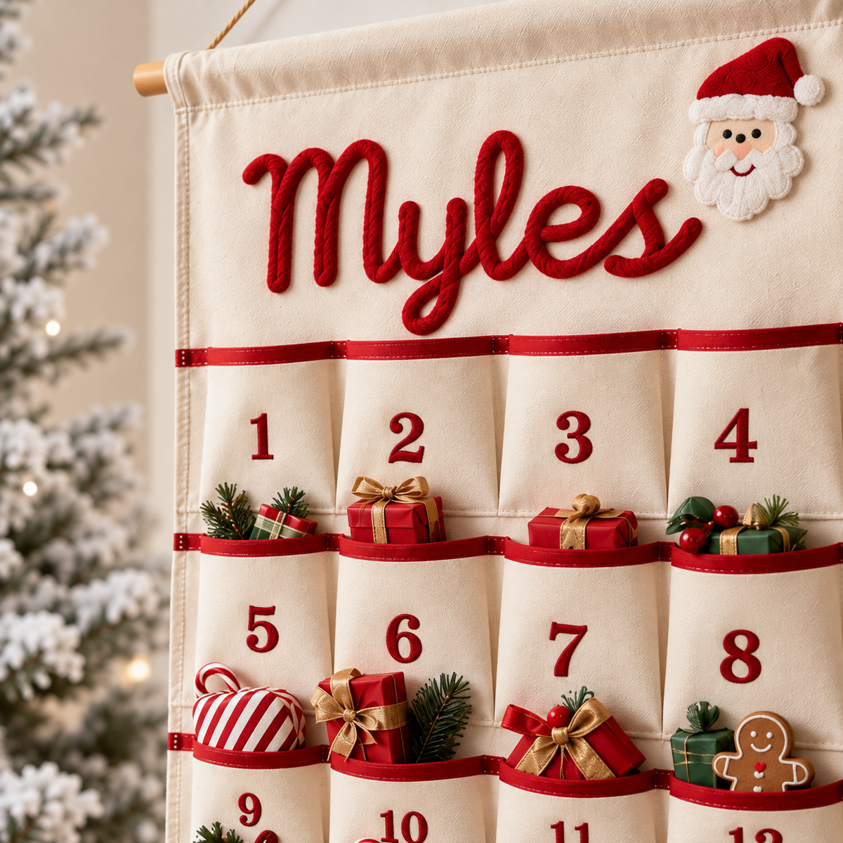 Little Teekie Personalised Canvas Advent Calendar | Rope Embroidered Name, 100cmx45cm - Red