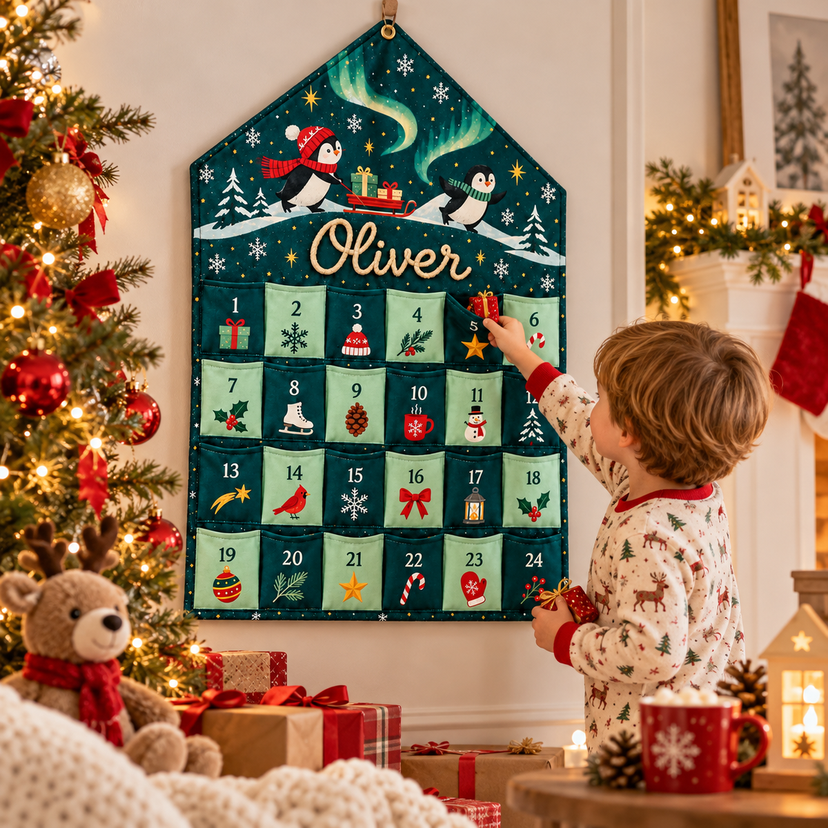 Little Teekie Personalised Fabric Advent Calendar | Hanging Christmas Countdown with 24 Pockets - Green