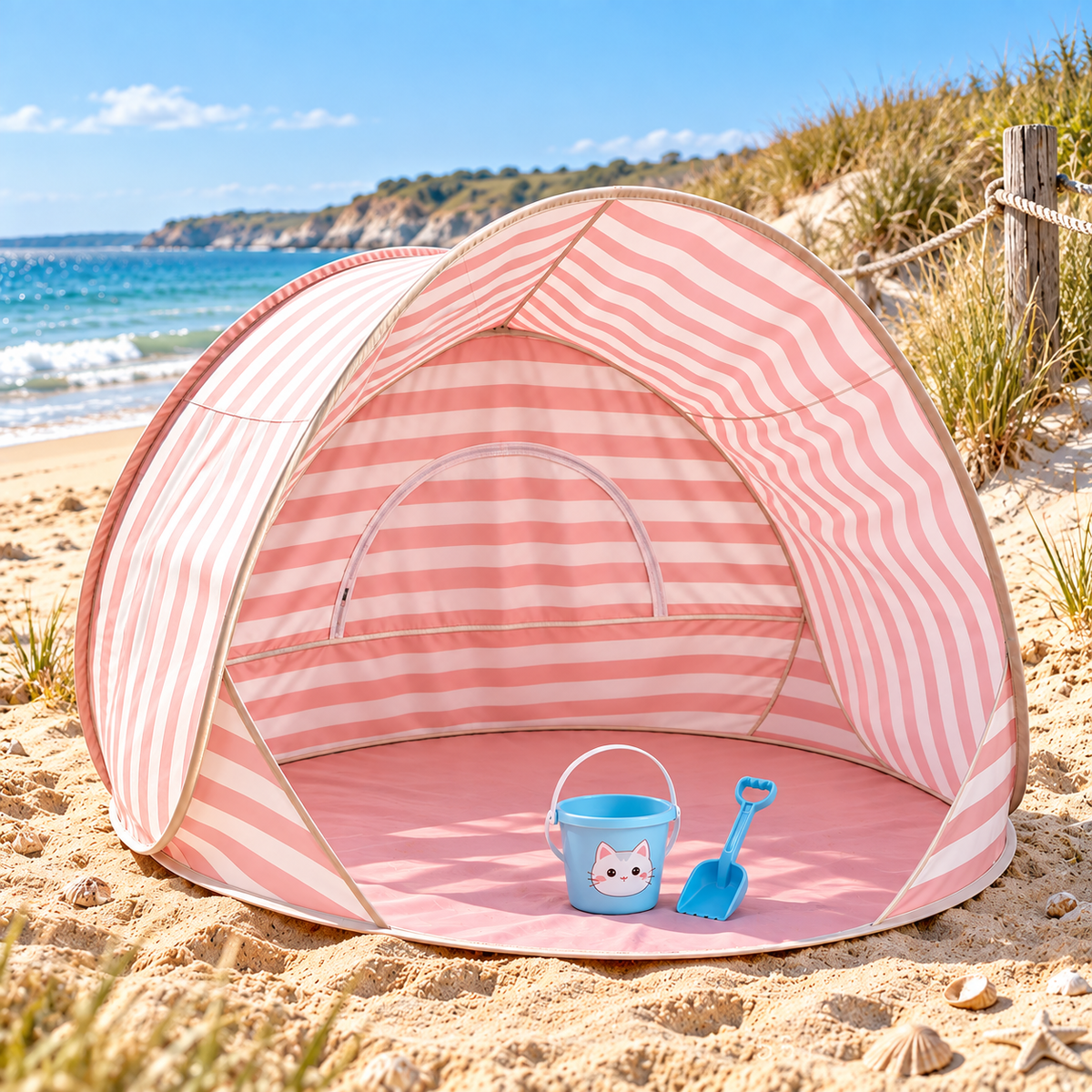 Little Teekie Kids Pop-Up Beach Tent & Sand Toy Set | UV-Protective Shade – Pink Stripe