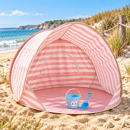 Little Teekie Kids Pop-Up Beach Tent & Sand Toy Set | UV-Protective Shade – Pink Stripe
