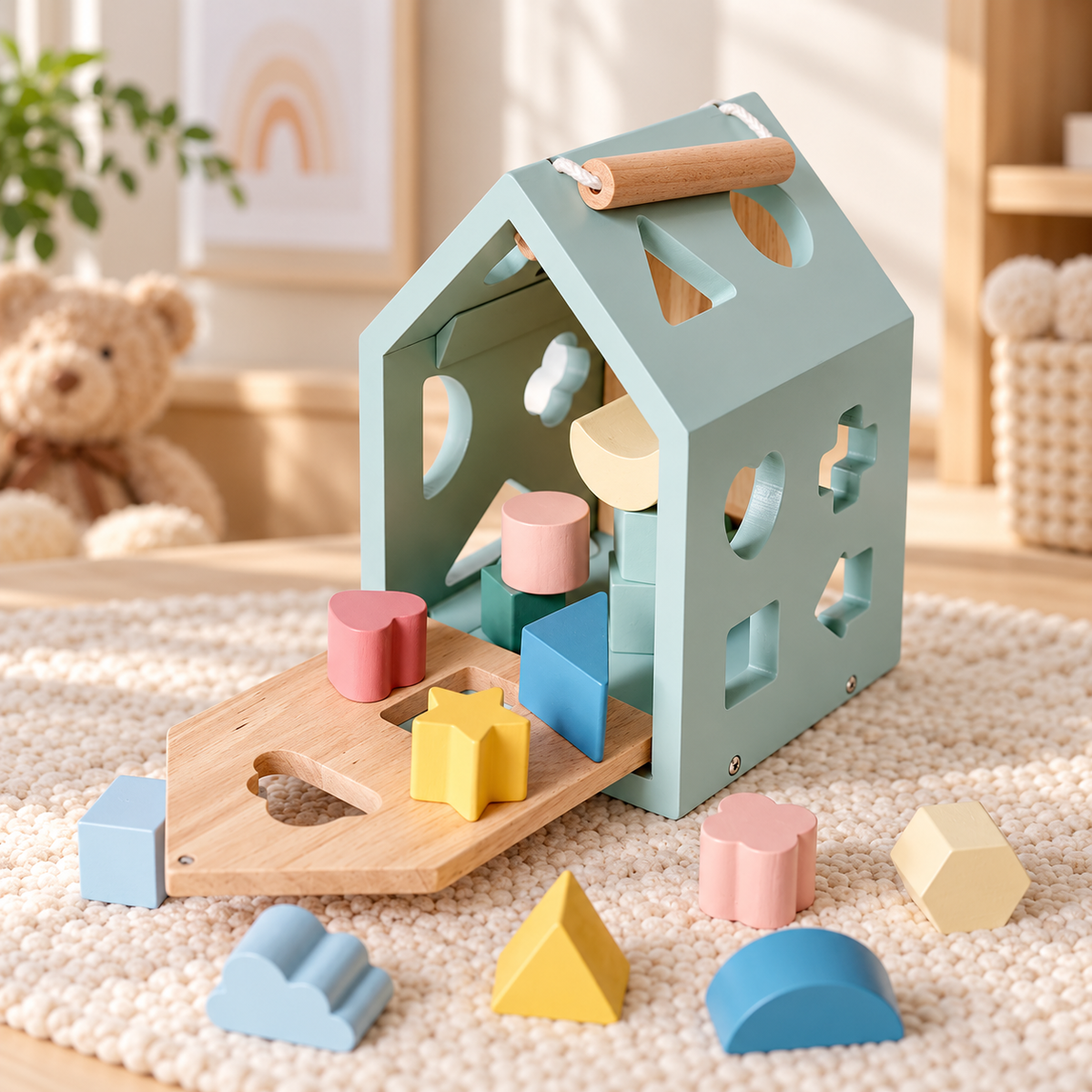 Little Teekie Personalised Wooden House shape Sorter | Engraved Name, FSC Timber – Pastel Green