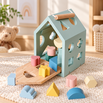 Little Teekie Personalised Wooden House shape Sorter | Engraved Name, FSC Timber – Pastel Green