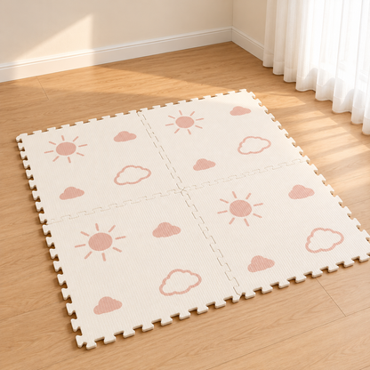 Little Teekie IXPE Foam Play Mat | 120 x 120 cm, 6 Interlocking Pieces – Sun & Cloud Print - Beige
