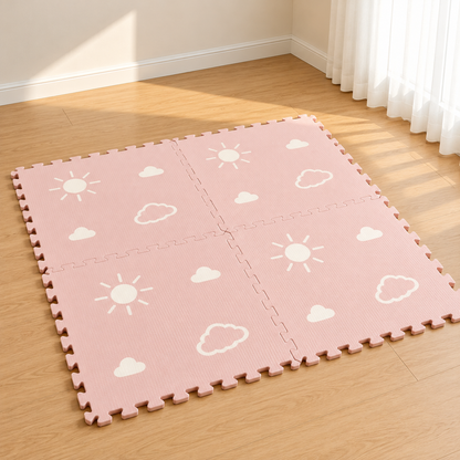 Little Teekie IXPE Foam Play Mat | 120 x 120 cm, 4 Interlocking Pieces – Sun & Cloud Print - Pink