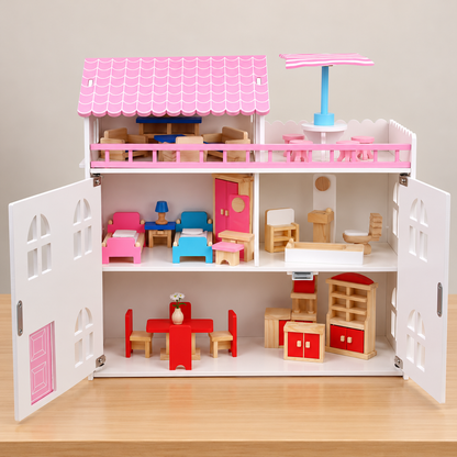 Little Teekie Wooden Dollhouse | 5 Rooms and Furniture – White with Pink Roof