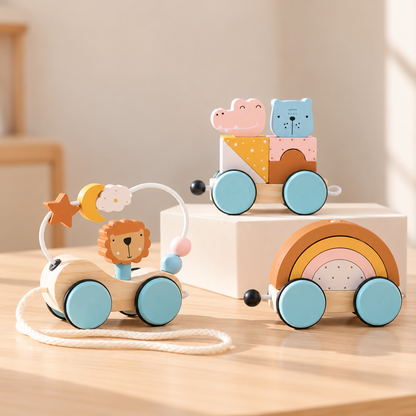 Little Teekie Personalised 2 in 1 building blocks & Wooden Pull  | Engraved Name, Cherry Wood – Pastel