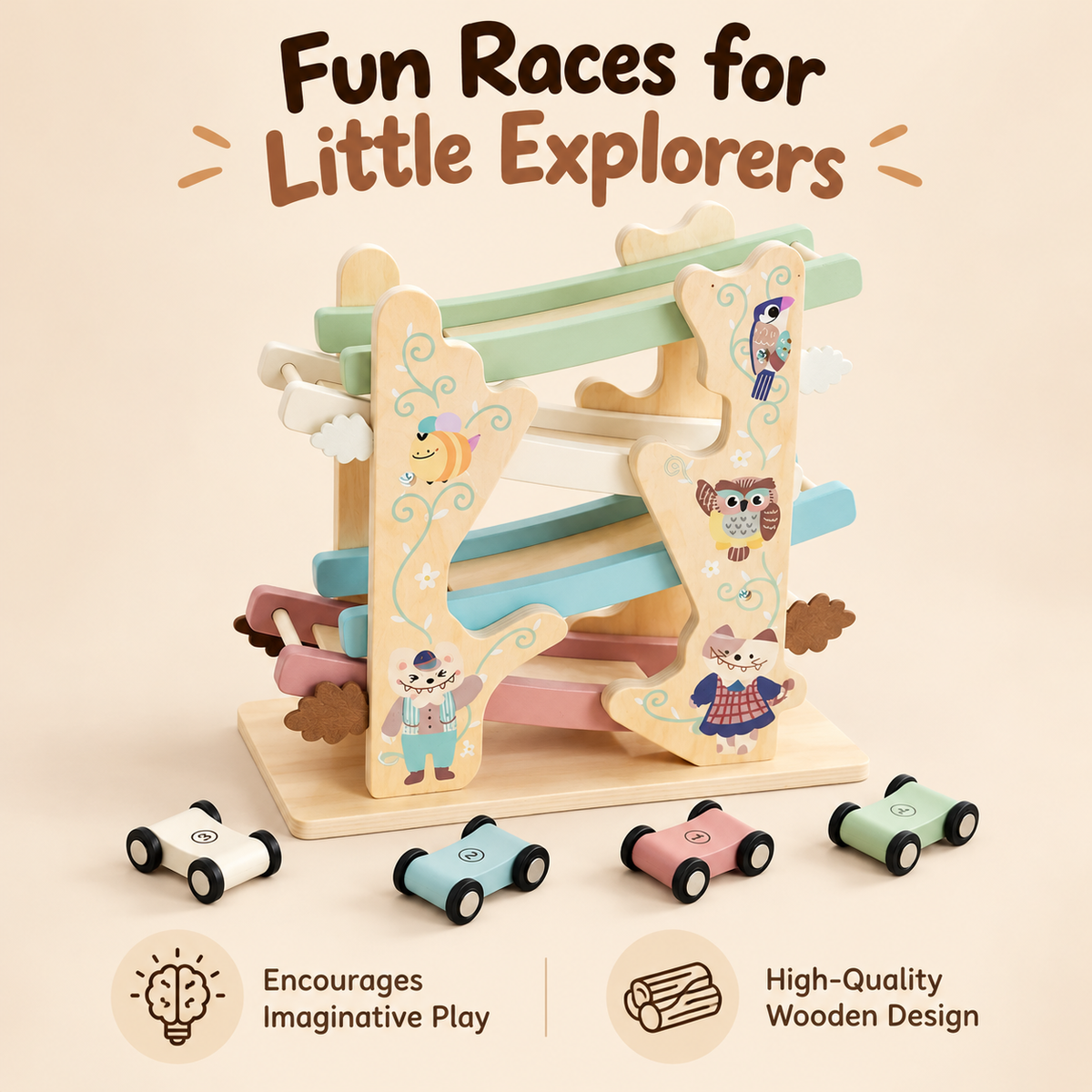 Little Teekie Personalised Wooden Car Race Track Toy | Name Detail for Kids  – Pastel