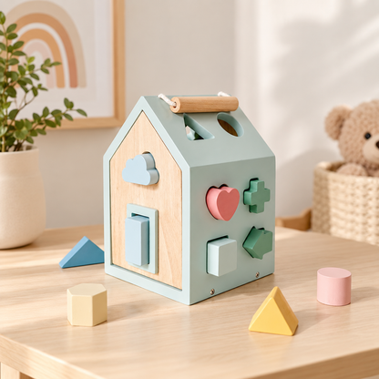 Little Teekie Personalised Wooden House shape Sorter | Engraved Name, FSC Timber – Pastel Green