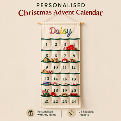 Little Teekie Personalised Canvas Advent Calendar | Rope Embroidered Name, 100cmx45cm - Green